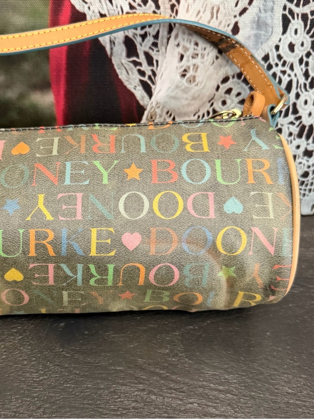 Vintage Dooney & Bourke Multicolor Script mini shoulder barrel bag - Picture 6 of 10